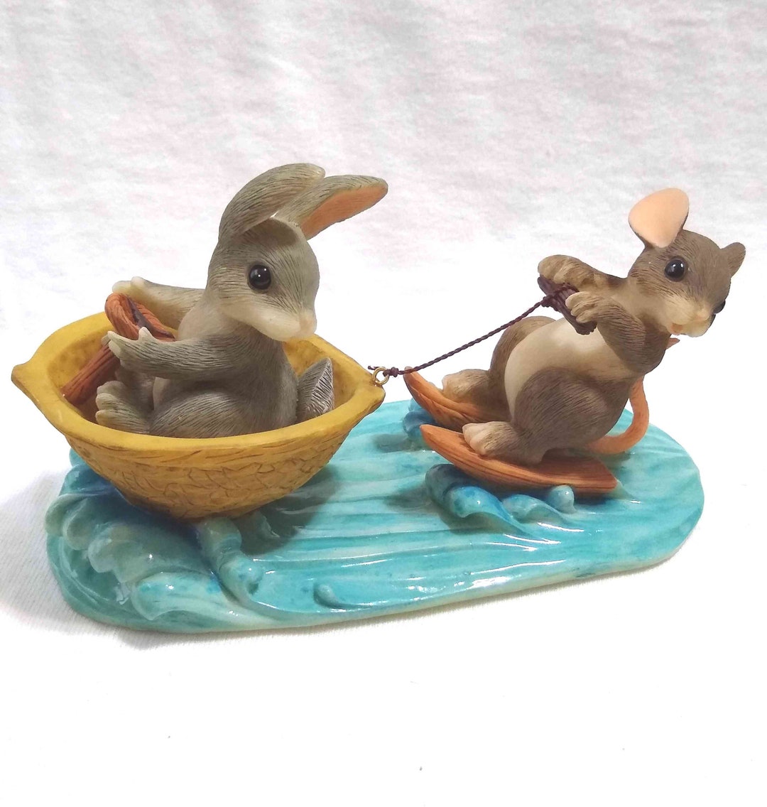 Charming Tails Water Skiing Figurine, Rabbit & Mouse, 