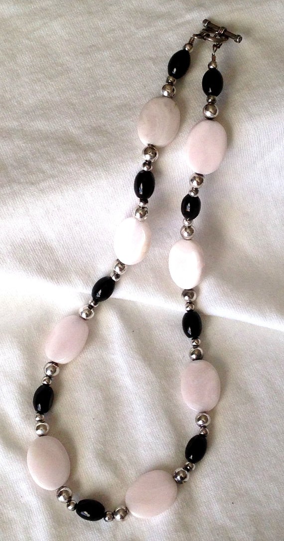 Agate Necklace, Pale Pink Rose Agate & Onyx Sterli