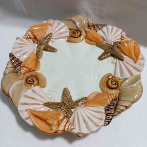 Seashell Canape Plate from Fitz & Floyd Seascape Collection -- Shells, Starfish, Marine Life, Ocean, Hand-crafted Vintage NEW Discontinued