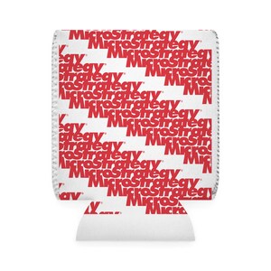 May include: White can cooler with a red repeating pattern of the text "MicroStrategy".