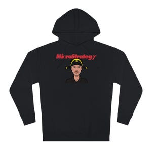 May include: Black hooded sweatshirt with a red "MicroStrategy" logo and a cartoon image of a man wearing a yellow and black hat.