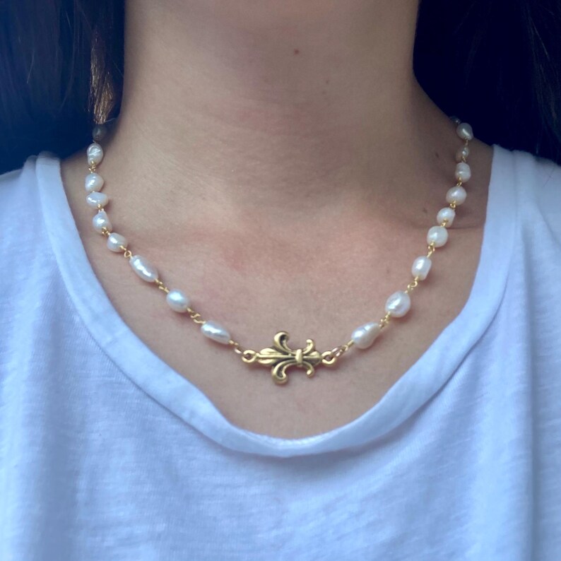 Gold Plated Fleur De Lis Pearl Necklace, Genuine Freshwater Pearl