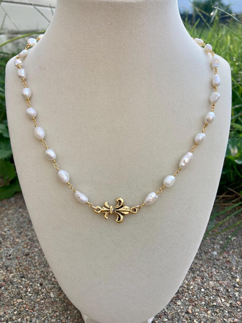 Gold Plated Fleur De Lis Pearl Necklace, Genuine Freshwater Pearl
