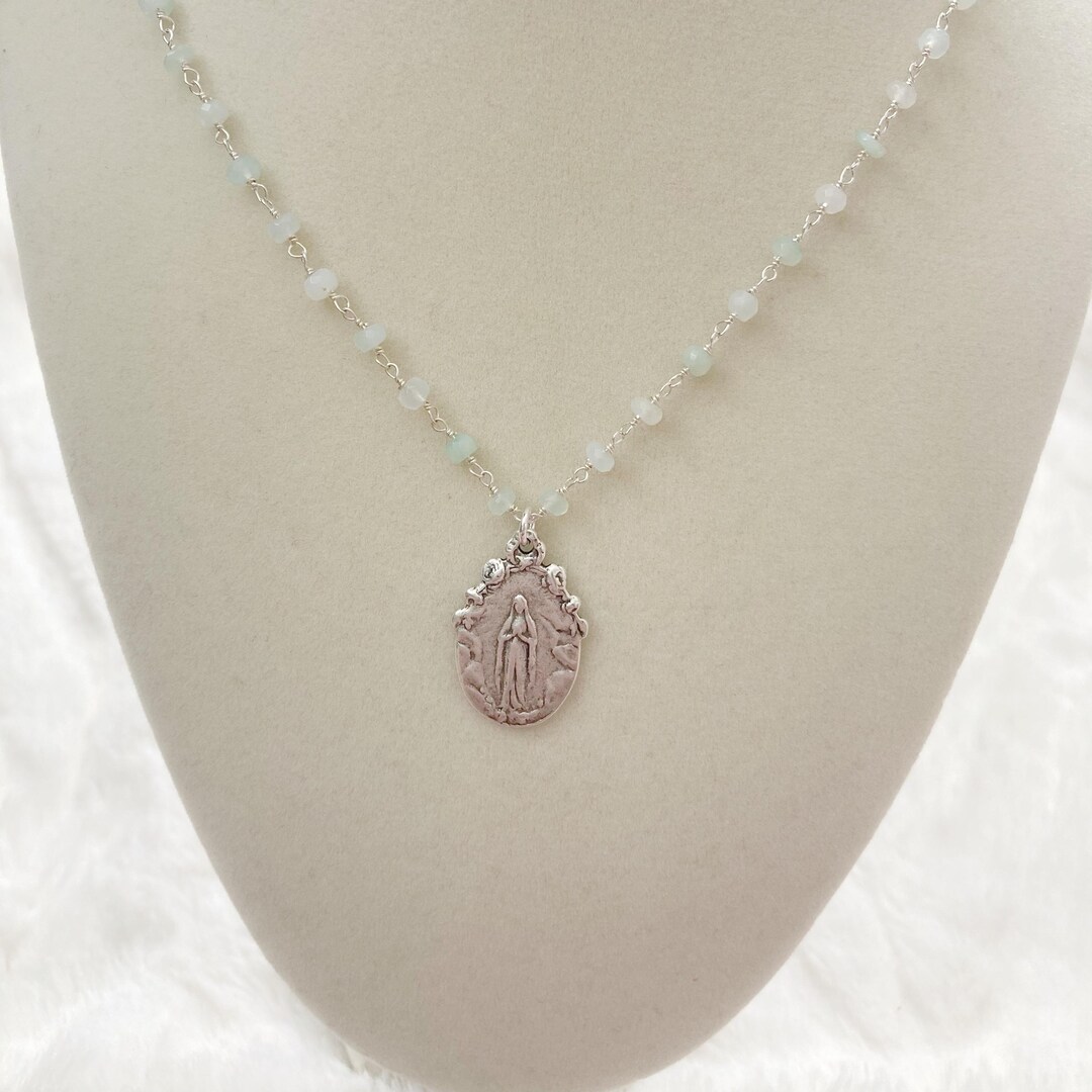 Our Lady of Lourdes Medal Necklace, Peruvian Opal, Sterling Silver ...