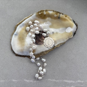 Miraculous Medal on Freshwater Pearl Chain (Sterling Silver), dainty trendy Catholic jewelry, Catholic gift for her, unique Miraculous Medal
