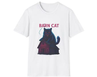 May include: White t-shirt with a black cat sitting on a red barn. The text "BARN CAT" is printed in pink above the cat.