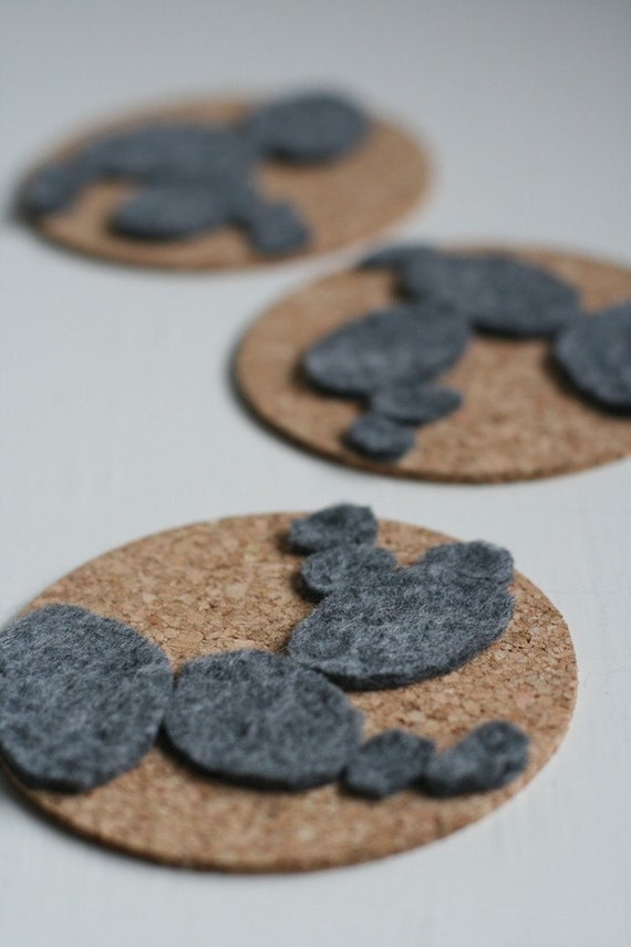 3 Cork and Felt Coasters Etsy