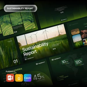 Könnte beinhalten: Eine digitale Präsentationsvorlage mit dem Titel Sustainability Report in dunkelgrüner Farbgebung, mit Bildern von Windkraftanlagen, Reisterrassen und Weizenfeldern sowie Texten wie Key Impact Metrics, 120+ communities und 15+ projects.