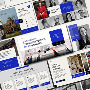 Puede incluir: Un conjunto de diapositivas de presentación con un esquema de color azul y blanco. Las diapositivas presentan imágenes de personas, edificios y texto. El texto en las diapositivas incluye las palabras "EduSolutions", "Transforming Minds", "Shaping Futures", "Meet our Team!" y "What Our Alumni Say".
