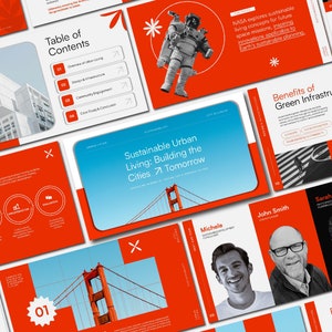 May include: A collection of presentation slides with a modern design. The slides feature a bright red and white color scheme with images of buildings, the Golden Gate Bridge, and an astronaut. Text includes "Sustainable Urban Living" and "Benefits of Green Infrastructure."