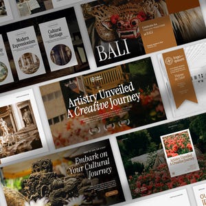 May include: A collage of images showcasing the beauty and culture of Bali, Indonesia. The images feature traditional Balinese masks, lush gardens, and intricate architecture. The text "Artistry Unveiled A Creative Journey" is featured on several of the images.