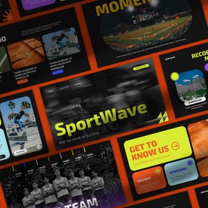 Puede incluir: Una presentación de diapositivas con fondo negro y acentos naranjas. El texto "SportWave" está en amarillo y el texto "Ride the wave of success" está en blanco. Las diapositivas muestran imágenes de personas haciendo skateboard, jugando al béisbol y corriendo. El texto "Get to know us" está en amarillo con una flecha hacia la derecha.