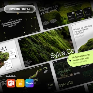 Könnte beinhalten: Eine digitale Unternehmensprofil-Präsentationsvorlage mit einem dunklen und hellen Design sowie grünen Moosbildern. Die Folien enthalten Texte wie Company Profile, Sylva.Co und What if technology made systems healthier sowie Daten-Icons.