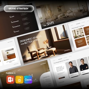 May include: A digital brand strategy presentation deck featuring multiple slides with a brown and white color palette. The slides display interior design concepts, furniture imagery, team member profiles, and text headers including Brand Strategy, Inside the Shift, and Designing Spaces for Better Living.