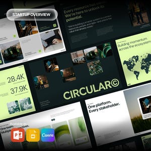 May include: A digital presentation deck titled STARTUP OVERVIEW and CIRCULAR featuring a collection of slides with dark green and light green colour schemes, displaying various business metrics, world maps, and text about sustainable resource management.
