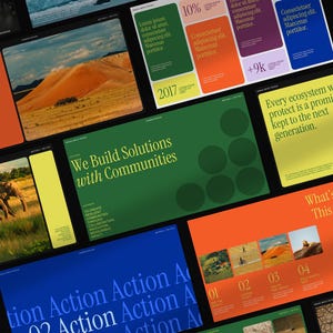 May include: A digital collage of multiple rectangular panels featuring a mix of vibrant orange, green, yellow, and blue backgrounds. The panels contain various text elements, including phrases like We Build Solutions with Communities, and imagery of elephants, desert landscapes, and cracked earth.