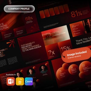May include: A digital company profile presentation template featuring a dark red and black color scheme. The slides include text such as Company Profile, A Strategy Is Only As Strong As Its Execution, and Sustainability Has Moved From The Margins.