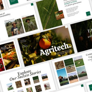 Puede incluir: Una presentación sobre agritech, con imágenes de cultivos, granjas y un equipo de personas. El texto en las diapositivas incluye "Agritech", "Agricultura con propósito", "Nuestras historias de éxito" y "Capacidades integrales".