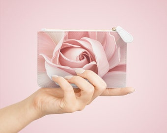 Rose Mini-Clutch aus veganem, tierversuchsfreiem Leder mit goldenem Reißverschluss, kompakte Make-up-Tasche, modisches Kunstleder-Accessoire, florales Design, Geldbörse, Geschenk