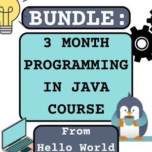 Puede incluir: Una ilustración azul y gris de un paquete para un curso de programación en Java de 3 meses. El texto dice "Bundle: 3 Month Programming in Java Course From Hello World to Looping". También hay una bombilla, un engranaje, un portátil y un pingüino sosteniendo una taza de café en la imagen.