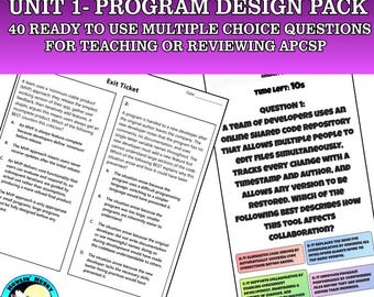 APCSP Review Multiple Choice Questions Unit 1 Program Design Pack | Digital Games & Questions | Worksheet