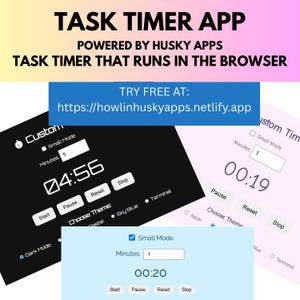 Op de afbeelding: Afbeelding van een taaktimer-app-interface met een zwarte achtergrond, met een timer ingesteld op 4:56. De app biedt opties zoals 'Start', 'Pauze' en 'Reset'. De tekst 'TASK TIMER APP' staat bovenaan, met een URL voor een gratis proefperiode.
