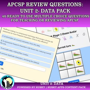 Peut inclure: Une ressource éducative numérique intitulée "APCSP Review Questions: Unit 2- Data Pack". L'image présente des questions à choix multiples, un plateau de jeu et le texte "40 Questions à Choix Multiples Prêtes à l'Emploi Pour Enseigner ou Réviser APCSP."
