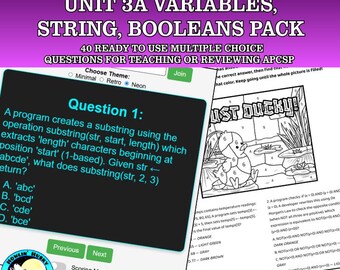 APCSP Review Multiple Choice Questions Unit 3A Vairbales Strings Booleans Pack | Digital Questions | Worksheet