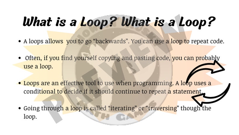 May include: A diagram explaining what a loop is in programming. The text says "A loop allows you to go "backwards". You can use a loop to repeat code. Often, if you find yourself copying and pasting code, you can probably use a loop. Loops are an effective tool to use when programming. A loop uses a conditional to decide if it should continue to repeat a statement. Going through a loop is called "iterating" or "traversing" though the loop."