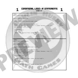 May include: Code example for a Java program that uses conditional logic with if statements to determine if a number entered by the user is too high or too low. The code prompts the user to enter a number between 1 and 5. The code includes comments explaining the logic.
