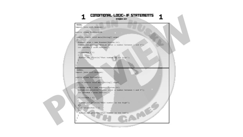 May include: Code example for a Java program that uses conditional logic with if statements to determine if a number entered by the user is too high or too low. The code prompts the user to enter a number between 1 and 5. The code includes comments explaining the logic.