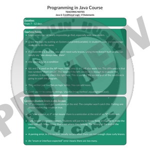 May include: A green and white handout with the title "Programming in Java Course" and the text "Teaching Points" and "Common Student Errors in this Section". The handout provides information about logic errors and common student errors in Java programming.