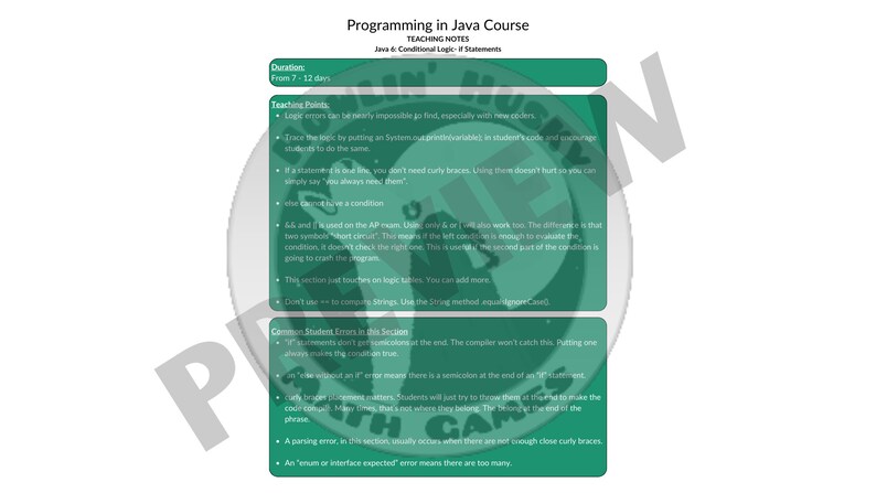May include: A green and white handout with the title "Programming in Java Course" and the text "Teaching Points" and "Common Student Errors in this Section". The handout provides information about logic errors and common student errors in Java programming.