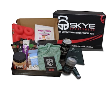 Caja sorpresa de fitness para hombres: ropa deportiva, snacks y equipamiento.
