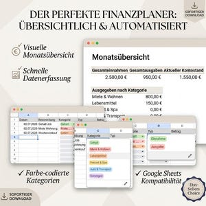 Könnte beinhalten: Eine digitale Finanzplaner-Vorlage mit einer monatlichen Übersicht für Einnahmen, Ausgaben und Kontostand. Sie enthält Tabellenansichten mit farbcodierten Kategorien zur Dateneingabe und ist mit Google Sheets kompatibel.