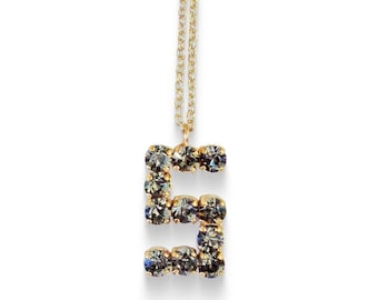 Swarovski crystal  pendant necklace number Five, black diamond ,yellow gold plated