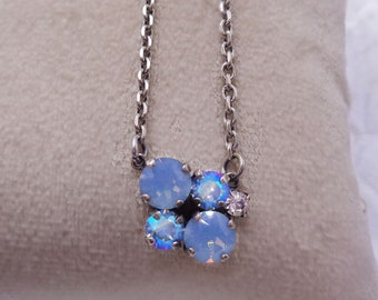 Swarovski crystal multistone pendant necklace air blue opal light sapphire shimmer,antique silver plated