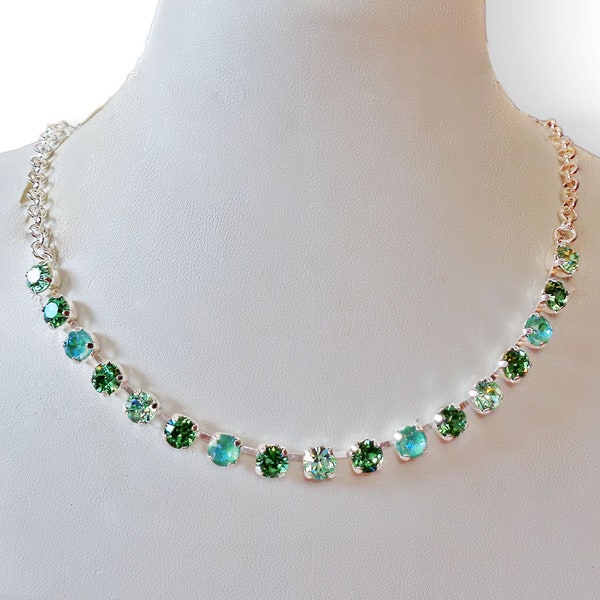 Swarovski  crystal necklace sparkling erinite and mint green  tones,bright silver plated