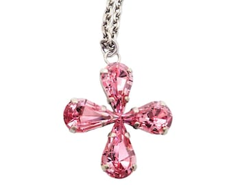 Swarovski crystal  pear fancy stone cross pendant ,light rose ,antique silver plated