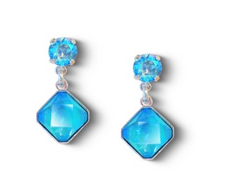 Swarovski crystal  stud and drop fancy prismatic square stone earrings,laguna delite,rhodium silver plated