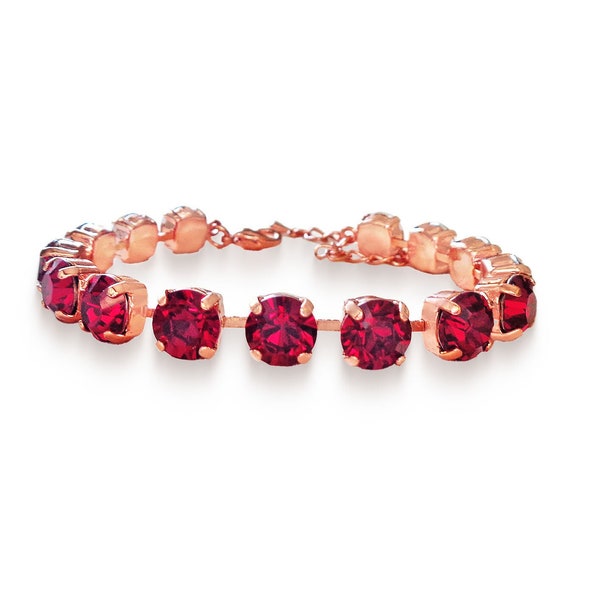 Swarovski crystal 8mm fancy stone tennis style bracelet colour ruby, rose gold plated setting