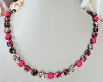 Swarovski crystal 8mm fancy stone tennis style necklace,lovely pink neon pearls ,silk smoky quartz,antique brass plated