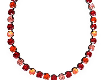 Swarovski crystal  fancy stone tennis style choker necklace, light red siam and orange tones,antique silver plated
