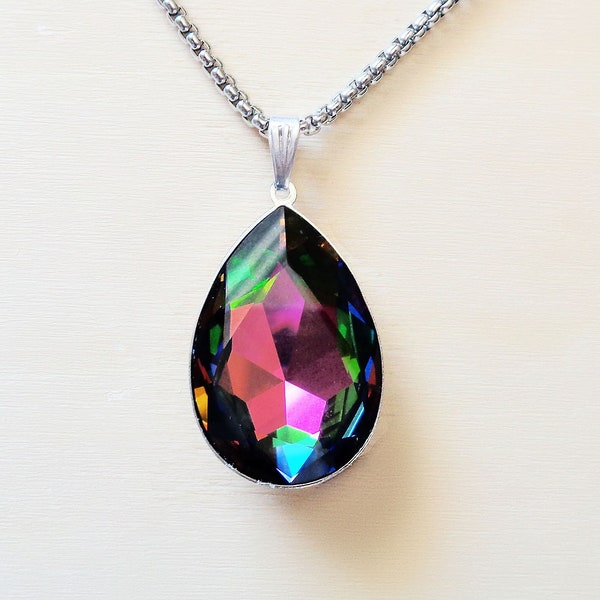 Large  Swarovski crystal 30X20mm  fancy pear stone pendant necklace  vitrail medium ,stainless steel chain