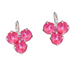 Swarovski crystal 8mm lotus pink  delite  fancy stone drop leverback earrings,silver plated