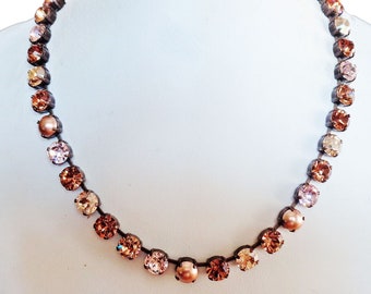 COFFEE TOFFEE Swarovski crystal 8mm fancy stone tennis style choker necklace,multi-brown and silk