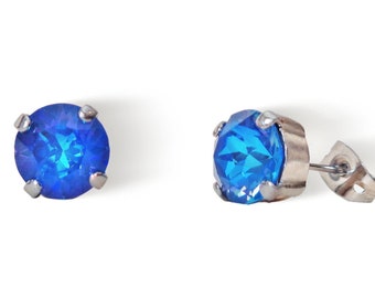 Swarovski Crystal  8mm stud earrings colour royal blue delite, rhodium  silver  plated,KONPLOTT inspired