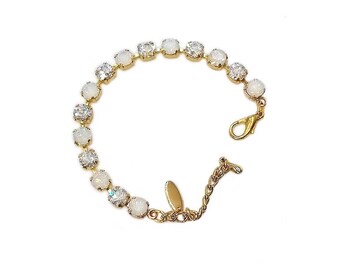 Bracciale austriaco in stile crystaltennis con opale bianco e cristallo effetto chiaro di luna, placcato oro.