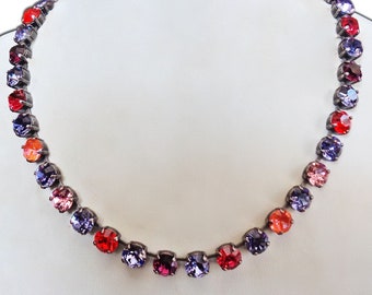 ORTANSIA Swarovski crystal 8mm fancy stone necklace tanzanite  orange and pink  ,antique silver plated