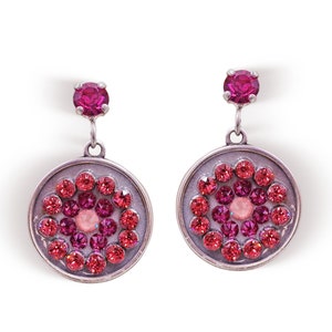 Swarovski crystal  stud and drop earrings padparadchsa and fuchsia ,antique silver plated